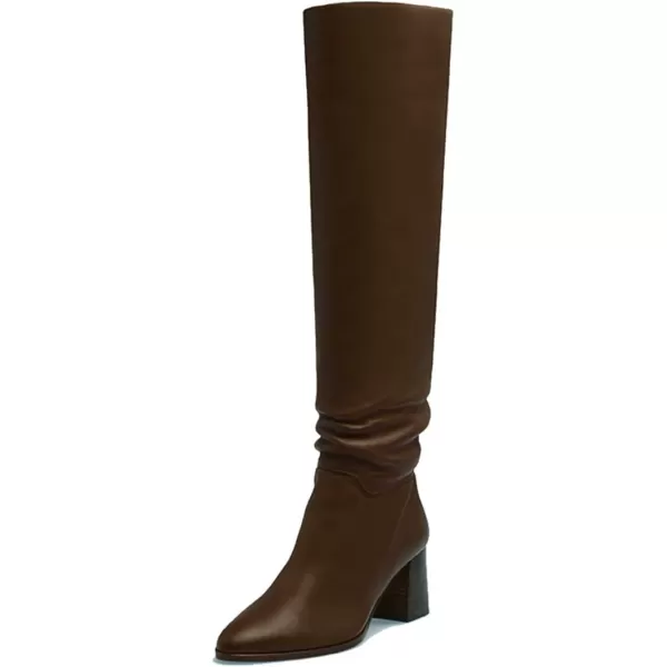 imageFSJ Women Classic Pointy Toe Knee High Boots Block Stacked Chunky Heel Comfort Pull On Formal Party Dress Fall Winter Shoes Size 415 USChocolate