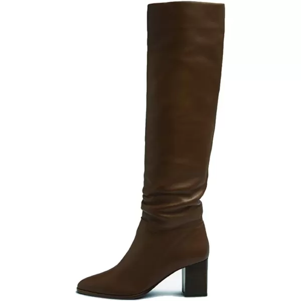 imageFSJ Women Classic Pointy Toe Knee High Boots Block Stacked Chunky Heel Comfort Pull On Formal Party Dress Fall Winter Shoes Size 415 USChocolate
