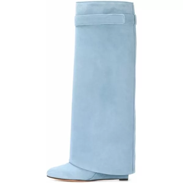 imageFSJ Women Classic Round Toe Wedge Heel Over The Knee Boots Suede Shoe for Winter Size 415 USBlue