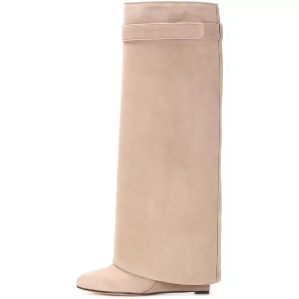 imageFSJ Women Classic Round Toe Wedge Heel Over The Knee Boots Suede Shoe for Winter Size 415 USNude