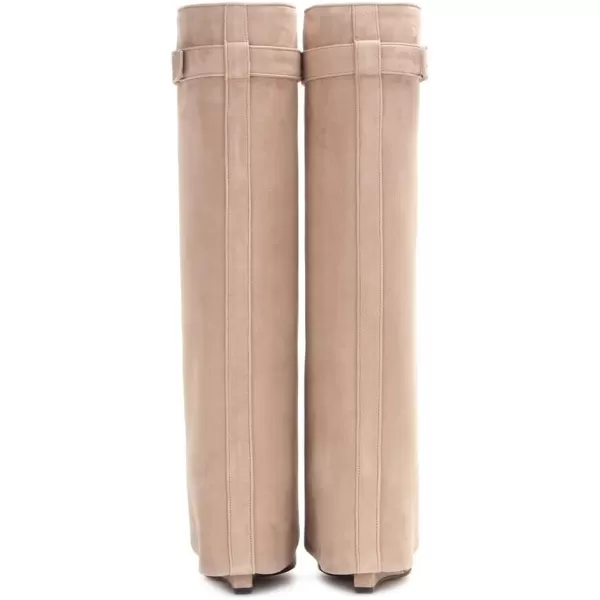imageFSJ Women Classic Round Toe Wedge Heel Over The Knee Boots Suede Shoe for Winter Size 415 USNude