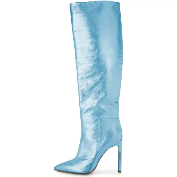 imageFSJ Women Metallic Knee High Long Boots Closed Toe Stiletto High Heels Dress Shoes Size 415 USBlue