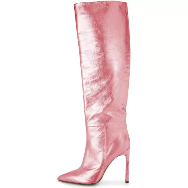 imageFSJ Women Metallic Knee High Long Boots Closed Toe Stiletto High Heels Dress Shoes Size 415 USPink