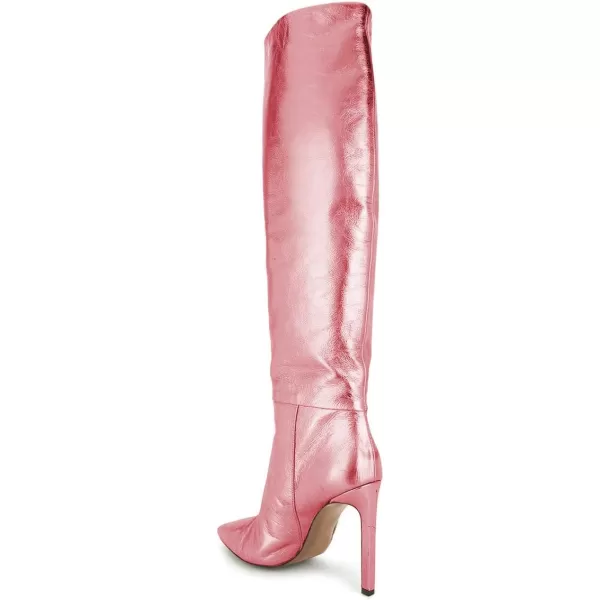 imageFSJ Women Metallic Knee High Long Boots Closed Toe Stiletto High Heels Dress Shoes Size 415 USPink