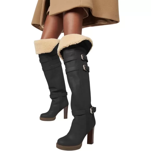 imageFSJ Women Over The Knee Boots Platform Chunky High Heels Round Toe Buckled Strappy Folded Fur Collar Fashion Warm Fall Winter Shoes Size 416 USBlack