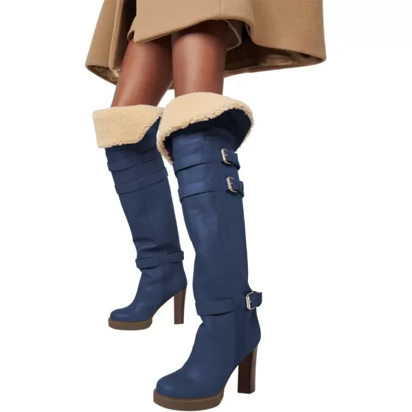 imageFSJ Women Over The Knee Boots Platform Chunky High Heels Round Toe Buckled Strappy Folded Fur Collar Fashion Warm Fall Winter Shoes Size 416 USBlue