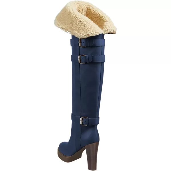 imageFSJ Women Over The Knee Boots Platform Chunky High Heels Round Toe Buckled Strappy Folded Fur Collar Fashion Warm Fall Winter Shoes Size 416 USBlue