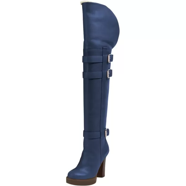 imageFSJ Women Over The Knee Boots Platform Chunky High Heels Round Toe Buckled Strappy Folded Fur Collar Fashion Warm Fall Winter Shoes Size 416 USBlue