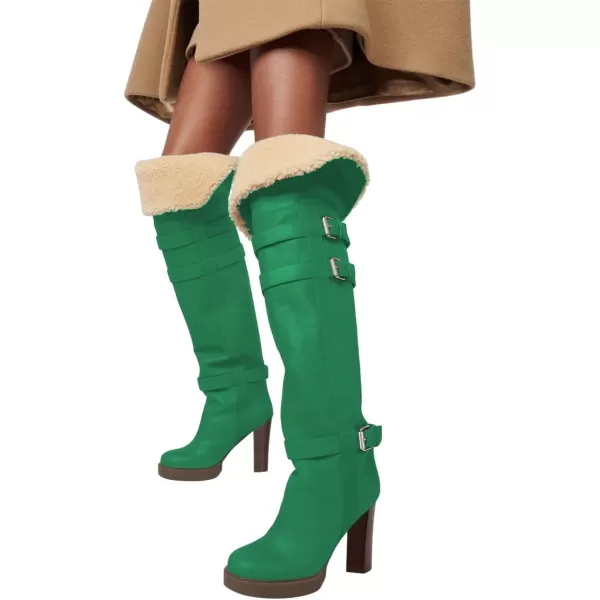 imageFSJ Women Over The Knee Boots Platform Chunky High Heels Round Toe Buckled Strappy Folded Fur Collar Fashion Warm Fall Winter Shoes Size 416 USEmerald Green