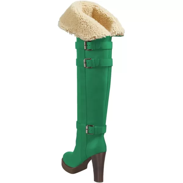 imageFSJ Women Over The Knee Boots Platform Chunky High Heels Round Toe Buckled Strappy Folded Fur Collar Fashion Warm Fall Winter Shoes Size 416 USEmerald Green