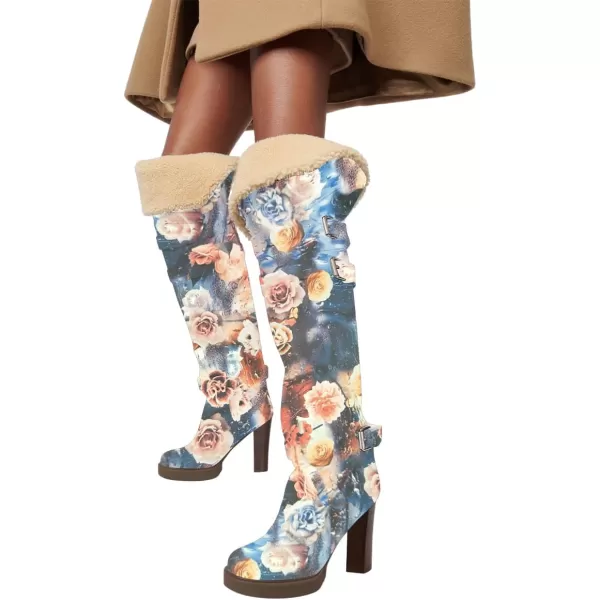 imageFSJ Women Over The Knee Boots Platform Chunky High Heels Round Toe Buckled Strappy Folded Fur Collar Fashion Warm Fall Winter Shoes Size 416 USFower