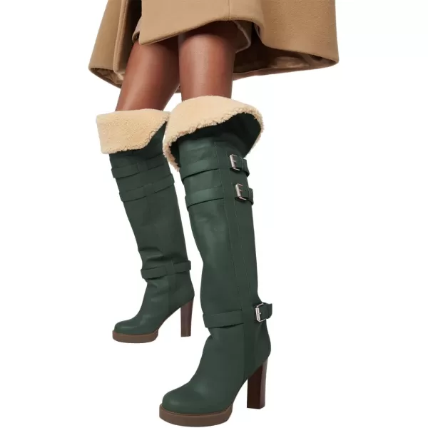 imageFSJ Women Over The Knee Boots Platform Chunky High Heels Round Toe Buckled Strappy Folded Fur Collar Fashion Warm Fall Winter Shoes Size 416 USGreen