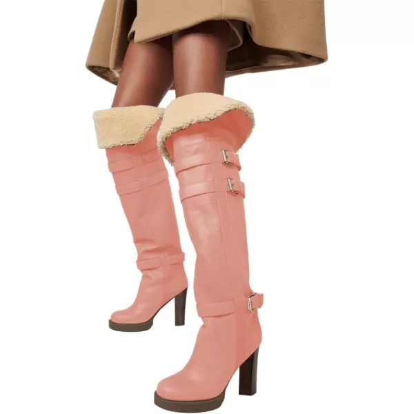 imageFSJ Women Over The Knee Boots Platform Chunky High Heels Round Toe Buckled Strappy Folded Fur Collar Fashion Warm Fall Winter Shoes Size 416 USLight Pink