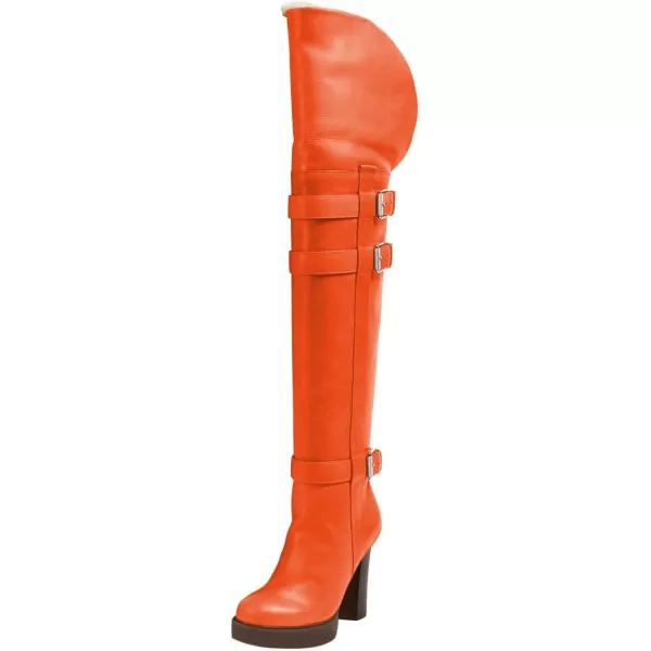 imageFSJ Women Over The Knee Boots Platform Chunky High Heels Round Toe Buckled Strappy Folded Fur Collar Fashion Warm Fall Winter Shoes Size 416 USOrange