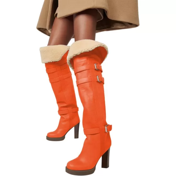 imageFSJ Women Over The Knee Boots Platform Chunky High Heels Round Toe Buckled Strappy Folded Fur Collar Fashion Warm Fall Winter Shoes Size 416 USOrange