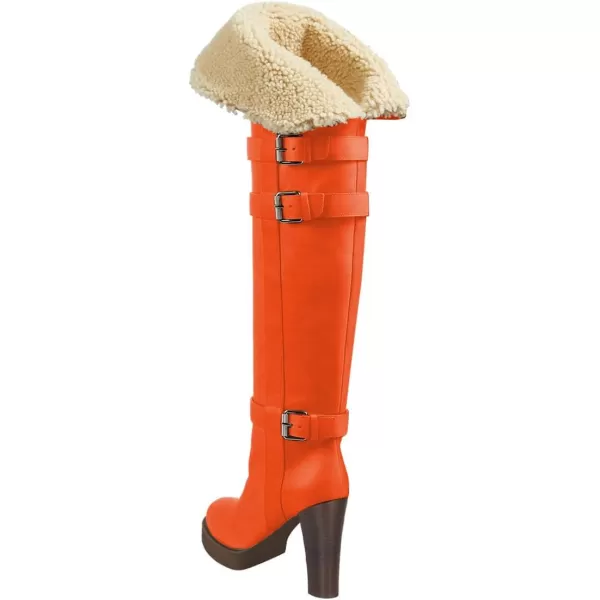 imageFSJ Women Over The Knee Boots Platform Chunky High Heels Round Toe Buckled Strappy Folded Fur Collar Fashion Warm Fall Winter Shoes Size 416 USOrange