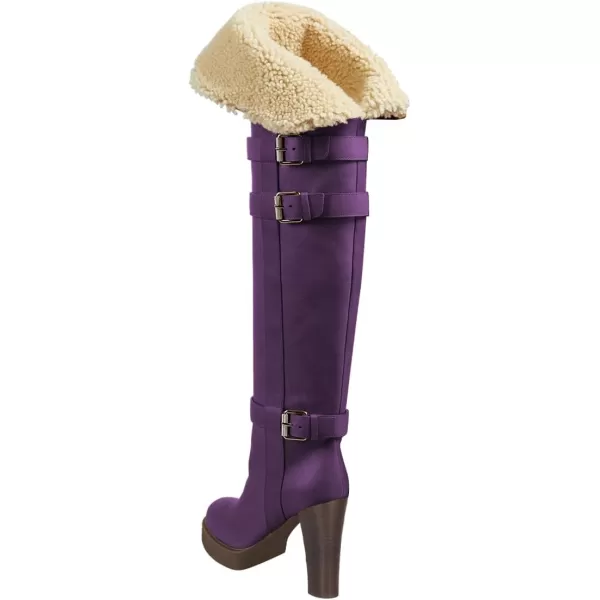 imageFSJ Women Over The Knee Boots Platform Chunky High Heels Round Toe Buckled Strappy Folded Fur Collar Fashion Warm Fall Winter Shoes Size 416 USPurple