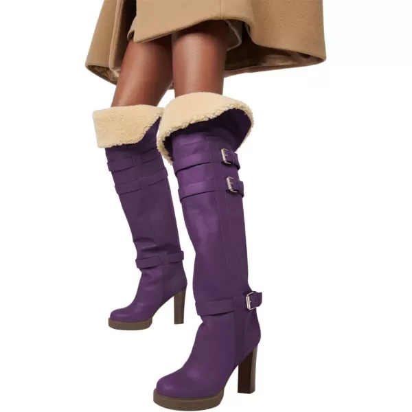 imageFSJ Women Over The Knee Boots Platform Chunky High Heels Round Toe Buckled Strappy Folded Fur Collar Fashion Warm Fall Winter Shoes Size 416 USPurple