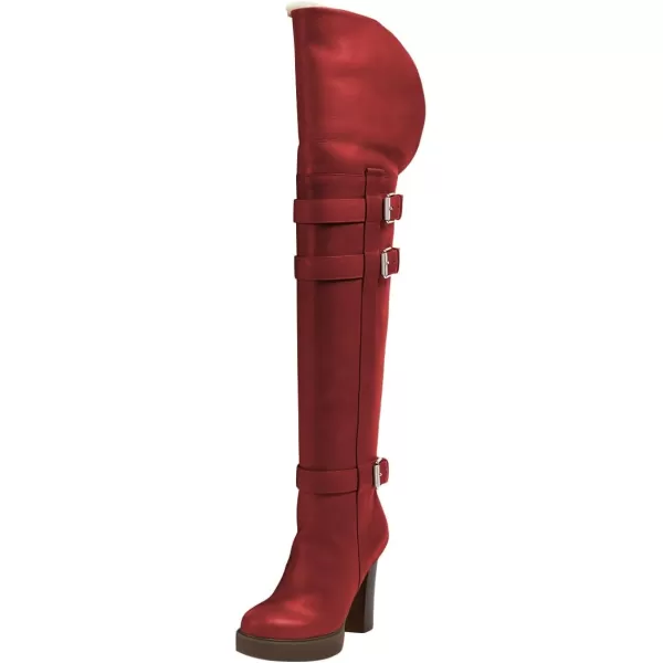 imageFSJ Women Over The Knee Boots Platform Chunky High Heels Round Toe Buckled Strappy Folded Fur Collar Fashion Warm Fall Winter Shoes Size 416 USRed