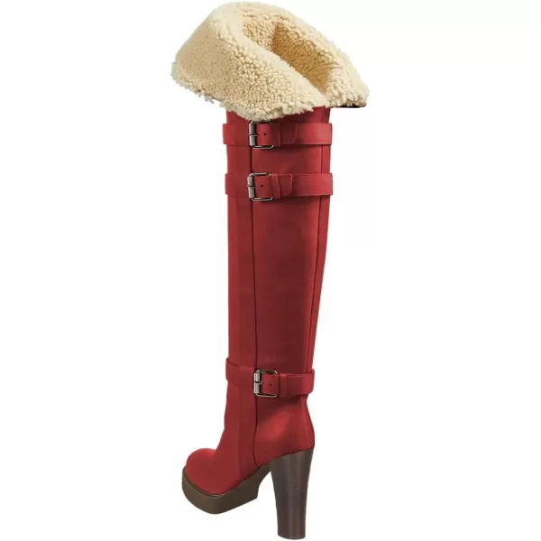 imageFSJ Women Over The Knee Boots Platform Chunky High Heels Round Toe Buckled Strappy Folded Fur Collar Fashion Warm Fall Winter Shoes Size 416 USRed