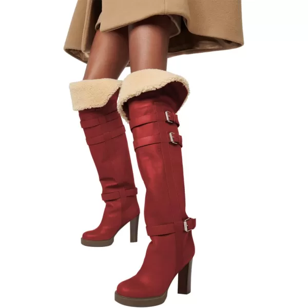 imageFSJ Women Over The Knee Boots Platform Chunky High Heels Round Toe Buckled Strappy Folded Fur Collar Fashion Warm Fall Winter Shoes Size 416 USRed