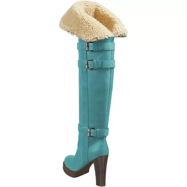 imageFSJ Women Over The Knee Boots Platform Chunky High Heels Round Toe Buckled Strappy Folded Fur Collar Fashion Warm Fall Winter Shoes Size 416 USRetro Blue