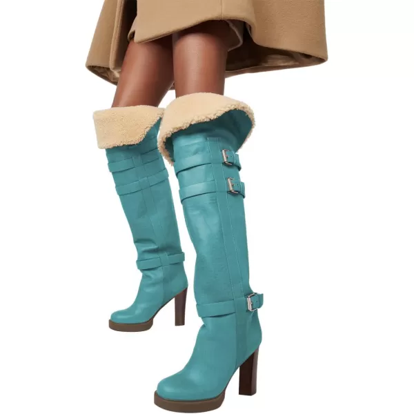 imageFSJ Women Over The Knee Boots Platform Chunky High Heels Round Toe Buckled Strappy Folded Fur Collar Fashion Warm Fall Winter Shoes Size 416 USRetro Blue