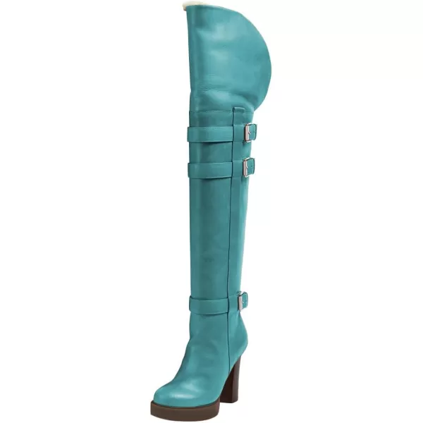 imageFSJ Women Over The Knee Boots Platform Chunky High Heels Round Toe Buckled Strappy Folded Fur Collar Fashion Warm Fall Winter Shoes Size 416 USRetro Blue