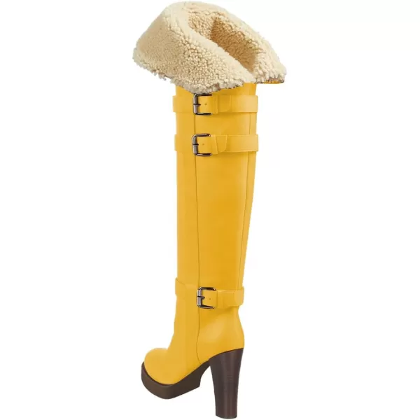 imageFSJ Women Over The Knee Boots Platform Chunky High Heels Round Toe Buckled Strappy Folded Fur Collar Fashion Warm Fall Winter Shoes Size 416 USYellow