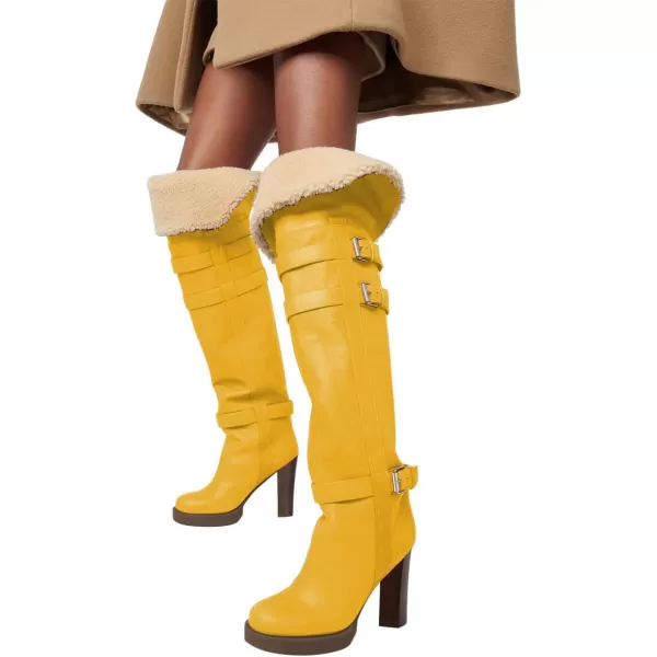 imageFSJ Women Over The Knee Boots Platform Chunky High Heels Round Toe Buckled Strappy Folded Fur Collar Fashion Warm Fall Winter Shoes Size 416 USYellow