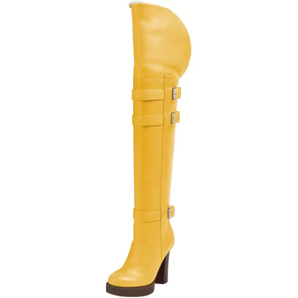imageFSJ Women Over The Knee Boots Platform Chunky High Heels Round Toe Buckled Strappy Folded Fur Collar Fashion Warm Fall Winter Shoes Size 416 USYellow