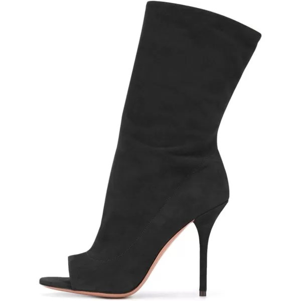 imageFSJ Women Peep Toe Stiletto High Heel Mid Calf Boots Stretchy Pull On Suede Casual Booties Size 415 M USBlack