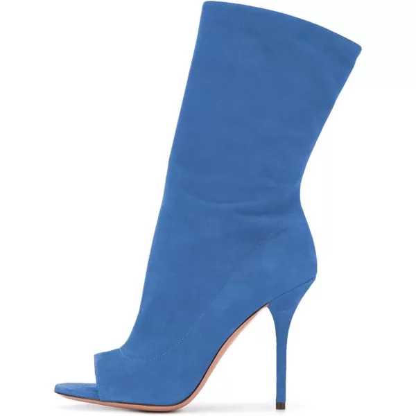 imageFSJ Women Peep Toe Stiletto High Heel Mid Calf Boots Stretchy Pull On Suede Casual Booties Size 415 M USBlue