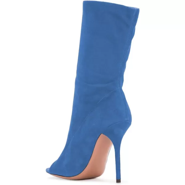 imageFSJ Women Peep Toe Stiletto High Heel Mid Calf Boots Stretchy Pull On Suede Casual Booties Size 415 M USBlue