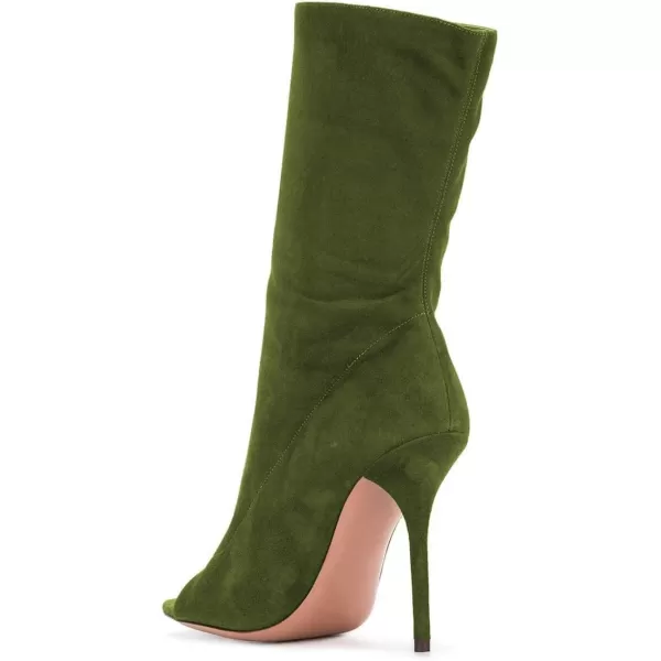 imageFSJ Women Peep Toe Stiletto High Heel Mid Calf Boots Stretchy Pull On Suede Casual Booties Size 415 M USOlive Green