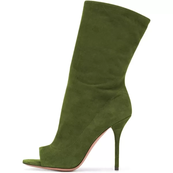 imageFSJ Women Peep Toe Stiletto High Heel Mid Calf Boots Stretchy Pull On Suede Casual Booties Size 415 M USOlive Green