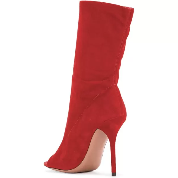 imageFSJ Women Peep Toe Stiletto High Heel Mid Calf Boots Stretchy Pull On Suede Casual Booties Size 415 M USRed