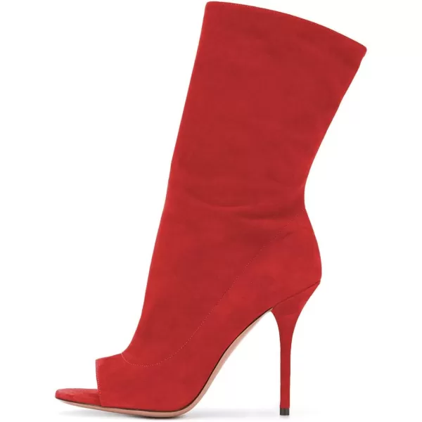 imageFSJ Women Peep Toe Stiletto High Heel Mid Calf Boots Stretchy Pull On Suede Casual Booties Size 415 M USRed