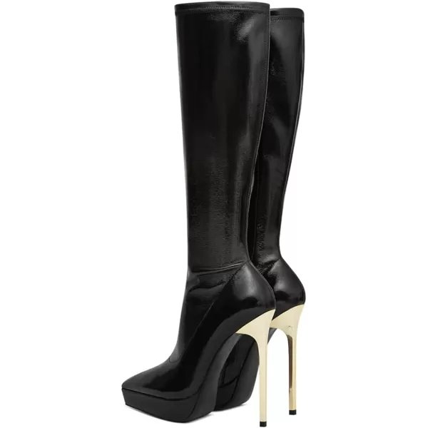 imageFSJ Women Platform Knee High Boots Sexy Pointed Toe Metal Stiletto High Heel Boots Wide Calf Stretch Leather Zipper Winter Party Dress Shoes Size 415 USBlack