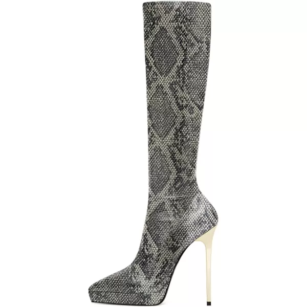 imageFSJ Women Platform Knee High Boots Sexy Pointed Toe Metal Stiletto High Heel Boots Wide Calf Stretch Leather Zipper Winter Party Dress Shoes Size 415 USSnakeskin