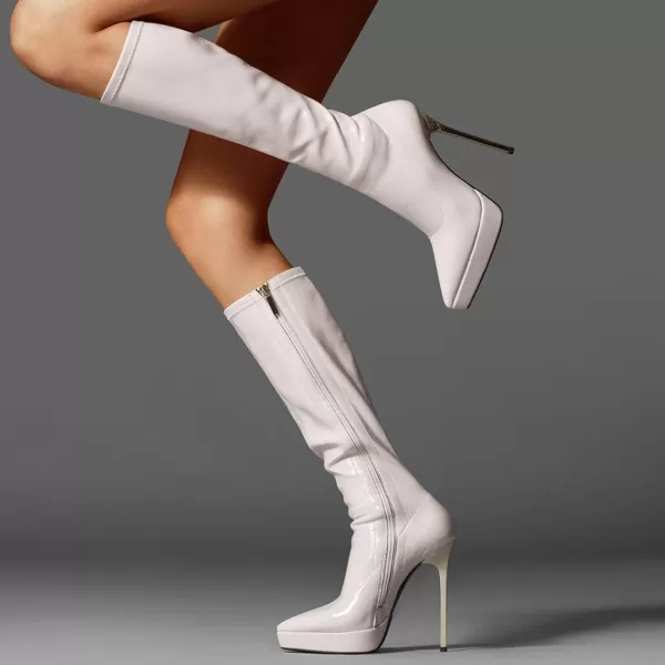 imageFSJ Women Platform Knee High Boots Sexy Pointed Toe Metal Stiletto High Heel Boots Wide Calf Stretch Leather Zipper Winter Party Dress Shoes Size 415 USWhite