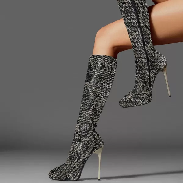 imageFSJ Women Platform Knee High Boots Sexy Pointed Toe Metal Stiletto High Heel Boots Wide Calf Stretch Leather Zipper Winter Party Dress Shoes Size 415 USSnakeskin
