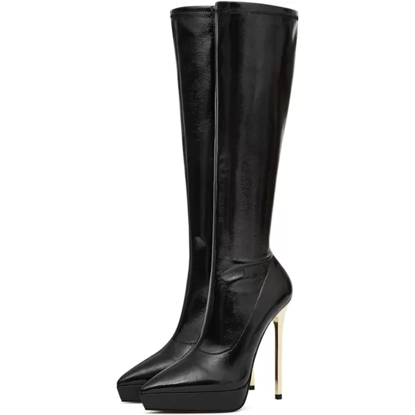 imageFSJ Women Platform Knee High Boots Sexy Pointed Toe Metal Stiletto High Heel Boots Wide Calf Stretch Leather Zipper Winter Party Dress Shoes Size 415 USBlack