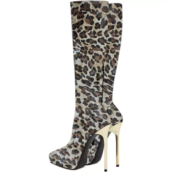 imageFSJ Women Platform Knee High Boots Sexy Pointed Toe Metal Stiletto High Heel Boots Wide Calf Stretch Leather Zipper Winter Party Dress Shoes Size 415 USGrey Leopard