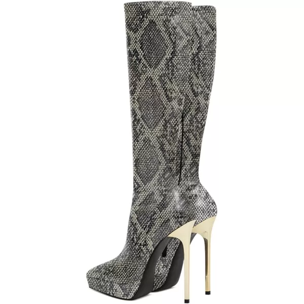 imageFSJ Women Platform Knee High Boots Sexy Pointed Toe Metal Stiletto High Heel Boots Wide Calf Stretch Leather Zipper Winter Party Dress Shoes Size 415 USSnakeskin