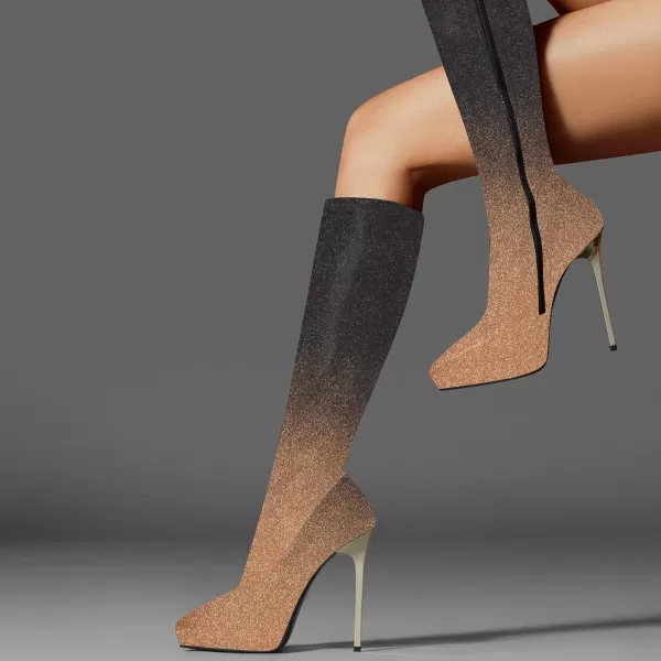 imageFSJ Women Platform Knee High Boots Sexy Pointed Toe Metal Stiletto High Heel Boots Wide Calf Stretch Leather Zipper Winter Party Dress Shoes Size 415 USGolden Glitter Gradient