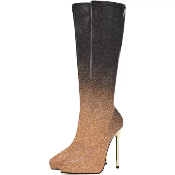 imageFSJ Women Platform Knee High Boots Sexy Pointed Toe Metal Stiletto High Heel Boots Wide Calf Stretch Leather Zipper Winter Party Dress Shoes Size 415 USGolden Glitter Gradient