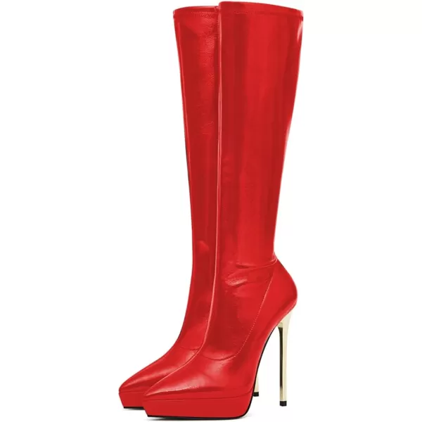 imageFSJ Women Platform Knee High Boots Sexy Pointed Toe Metal Stiletto High Heel Boots Wide Calf Stretch Leather Zipper Winter Party Dress Shoes Size 415 USRed