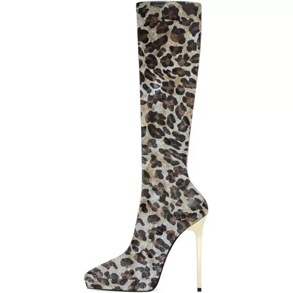 imageFSJ Women Platform Knee High Boots Sexy Pointed Toe Metal Stiletto High Heel Boots Wide Calf Stretch Leather Zipper Winter Party Dress Shoes Size 415 USGrey Leopard