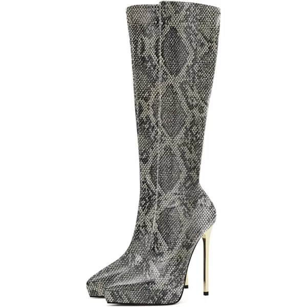 imageFSJ Women Platform Knee High Boots Sexy Pointed Toe Metal Stiletto High Heel Boots Wide Calf Stretch Leather Zipper Winter Party Dress Shoes Size 415 USSnakeskin